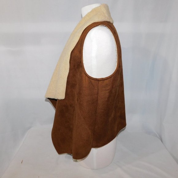 Chaps Petite Womens Medium Faux Brown Suede Shearling Open Vest - Picture 5 of 8